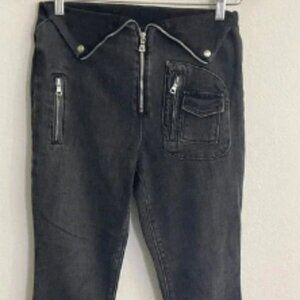 RTA 28 Jeans Diavolina Fold Over Black Gray Denim Zipper Crop Straight Leg